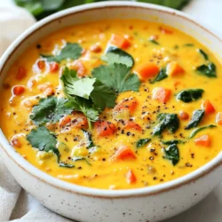 - 1 cup red lentils, rinsed and drained - 1 can (14 oz) coconut milk - 1 medium onion, chopped - 2 cloves garlic, minced - 1-inch piece of ginger, grated - 1 tablespoon red curry paste - 1 tablespoon olive oil - 3 cups vegetable broth - 1 medium carrot, diced - 1 bell pepper (any color), diced - 1 cup spinach leaves - 1 tablespoon lime juice - Salt and pepper to taste - Fresh cilantro for garnish The key to a great Coconut Curry Lentil Soup lies in its ingredients. Each one plays a vital role in the flavor and texture. Red lentils are the star. They cook quickly and become soft, adding body to the soup. Coconut milk provides creaminess and a hint of sweetness. Onion, garlic, and ginger create a fragrant base. They build depth and warmth in the soup. The red curry paste makes the dish vibrant, adding heat and rich flavor. Vegetable broth adds a savory element. Carrots and bell peppers bring crunch and color. Spinach adds freshness and nutrients. Lime juice brightens the taste, balancing the creamy coconut. Lastly, salt and pepper enhance all the flavors. Fresh cilantro on top adds a nice touch and freshness. When you gather these ingredients, you set the stage for a nourishing meal that is easy to make. {{ingredient_image_1}} Sautéing Aromatics Start by heating olive oil in a large pot over medium heat. Once hot, add the chopped onion. Cook for about five minutes until the onion turns soft and clear. Next, stir in the minced garlic and grated ginger. Add the red curry paste, cooking for one to two minutes until the mix smells great. Cooking Vegetables Then, add the diced carrot and bell pepper to the pot. Stir them around for three to four minutes. The veggies should start to soften a bit. This step builds a nice base for your soup. Simmering Lentils Now it’s time to add the vegetable broth. Bring it to a boil. Once boiling, add the rinsed red lentils. Lower the heat to a gentle simmer. Cover the pot and let it cook for about twenty minutes. You want the lentils to be tender, soaking up all those tasty flavors. Adding Coconut Milk and Spinach After twenty minutes, stir in the can of coconut milk and the fresh spinach leaves. Cook for five more minutes, just enough to heat everything through. The soup will get creamy and rich at this stage. Seasoning the Soup Once heated, remove the pot from the stove. Squeeze in a tablespoon of lime juice. Taste the soup, then add salt and pepper as needed. This step will brighten all the flavors. Serving Suggestions Serve the soup hot. Garnish with fresh cilantro for a pop of color and flavor. This soup pairs well with crusty bread or rice, making it a hearty meal. Enjoy! Best Practices for Cooking Lentils Rinse your lentils well. This removes dust and other debris. Use red lentils for this soup. They cook faster and break down nicely. Simmer them until soft but not mushy. This usually takes around 20 minutes. Tips for Adjusting Spice Levels Start with one tablespoon of red curry paste. Taste the soup before adding more. If you like it spicy, add more curry paste slowly. You can also add a pinch of cayenne or chili flakes for extra heat. Enhancing Flavor with Additional Ingredients Consider adding a splash of soy sauce. This adds depth to the flavor. You can also stir in some fresh herbs like basil or mint. These can brighten up the soup and add freshness. Overcooking Vegetables Don’t let your veggies turn mushy. Cook them just until tender. This keeps them vibrant and full of flavor. Add them early in cooking but watch the time. Incorrect Seasoning Taste before you serve. Adjust with salt and pepper as needed. This step can make a big difference. If it tastes flat, try adding a bit more lime juice. Skipping the Garnish Don’t forget the fresh cilantro. It adds color and a burst of flavor. A simple garnish can elevate your dish. Always serve with a sprinkle for that final touch. Pro Tips Use Fresh Ingredients: Whenever possible, opt for fresh vegetables and herbs to enhance the flavor of your soup. Adjust Spice Level: Feel free to modify the amount of red curry paste to suit your taste preferences. Start with less if you're sensitive to spice. Garnish Creatively: Experiment with different garnishes such as sliced red chili, toasted coconut flakes, or a drizzle of extra coconut milk for added flavor and presentation. Make It Ahead: This soup stores well in the refrigerator for up to 3 days, making it a great meal prep option. Just reheat and enjoy! {{image_2}} - Using Different Lentils You can switch red lentils for green or brown lentils. Each type gives a unique taste. Red lentils cook faster and become soft. Green and brown lentils stay firm and add texture. - Dairy-Free Options If you want a dairy-free soup, coconut milk works great. It gives a creamy texture and rich flavor. You can also try almond milk or oat milk for a different twist. - Vegetable Add-Ins Feel free to add more veggies to your soup. You can use zucchini, sweet potatoes, or peas. Just chop them small and cook them with the carrots and bell peppers. - Different Curry Pastes The red curry paste is a classic choice. But you can use green or yellow curry paste for different flavors. Each paste has its own spice level and herbs, so experiment to find your favorite. - Adding Proteins To make the soup heartier, add proteins like chickpeas or tofu. You can mix them in while simmering. This makes the soup more filling and adds extra nutrition. - Adjusting Acidity with Citrus A splash of lime juice brightens the flavors. You can also use lemon juice or even orange juice. This adds a nice zing and balances the curry’s richness. To keep your Coconut Curry Lentil Soup fresh, store it right. Here are some tips: - Refrigeration Guidelines: Let the soup cool first. Place it in an airtight container. In the fridge, it lasts about 3 to 5 days. Always check for any off smells before you eat it. - Freezing Coconut Curry Lentil Soup: For longer storage, freeze the soup. Use freezer-safe containers, leaving space for expansion. It can last up to 3 months in the freezer. When ready to use, thaw it in the fridge overnight. To bring your soup back to life, follow these easy steps: - Best Methods for Reheating: The best way to reheat is on the stove. Pour the soup into a pot and heat over medium heat, stirring often. You can also use the microwave. Heat in a microwave-safe bowl, stirring halfway. - Tips for Maintaining Flavor and Texture: Add a splash of vegetable broth or water while reheating. This helps keep the soup creamy and prevents it from drying out. Always taste and adjust the seasoning after reheating for the best flavor. Can I make this soup ahead of time? Yes, you can make this soup ahead of time. It tastes even better the next day. Just store it in the fridge in a sealed container. When ready to eat, heat it on the stove or in the microwave. Is Coconut Curry Lentil Soup vegan? Yes, this soup is vegan! It has no animal products, making it perfect for those who follow a plant-based diet. The coconut milk adds creaminess without dairy. What can I serve with this soup? You can serve this soup with crusty bread or rice. A side salad pairs well too. For a fun twist, try it with naan! Caloric Content per Serving Each serving has about 250 calories. This makes it a filling yet light meal option. You can enjoy it without guilt! Gluten-Free and Vegan Labels This soup is both gluten-free and vegan. It uses lentils and coconut milk, which are safe for those with gluten allergies. Health Benefits of Key Ingredients - Red lentils provide protein and fiber, helping you stay full. - Coconut milk offers healthy fats that are good for your heart. - Spinach is packed with iron and vitamins, boosting your energy levels. These ingredients work together to make this soup nutritious and tasty! This blog post showed how to make a tasty coconut curry lentil soup. You learned about the key ingredients, step-by-step instructions, and useful tips. Remember to avoid common mistakes and try different variations to make it your own. Storing and reheating are easy, so you can enjoy it later. With this guide, you can create a flavorful meal rich in nutrients. Dive into cooking and savor every spoonful! Enjoy the process and share your soup with others.