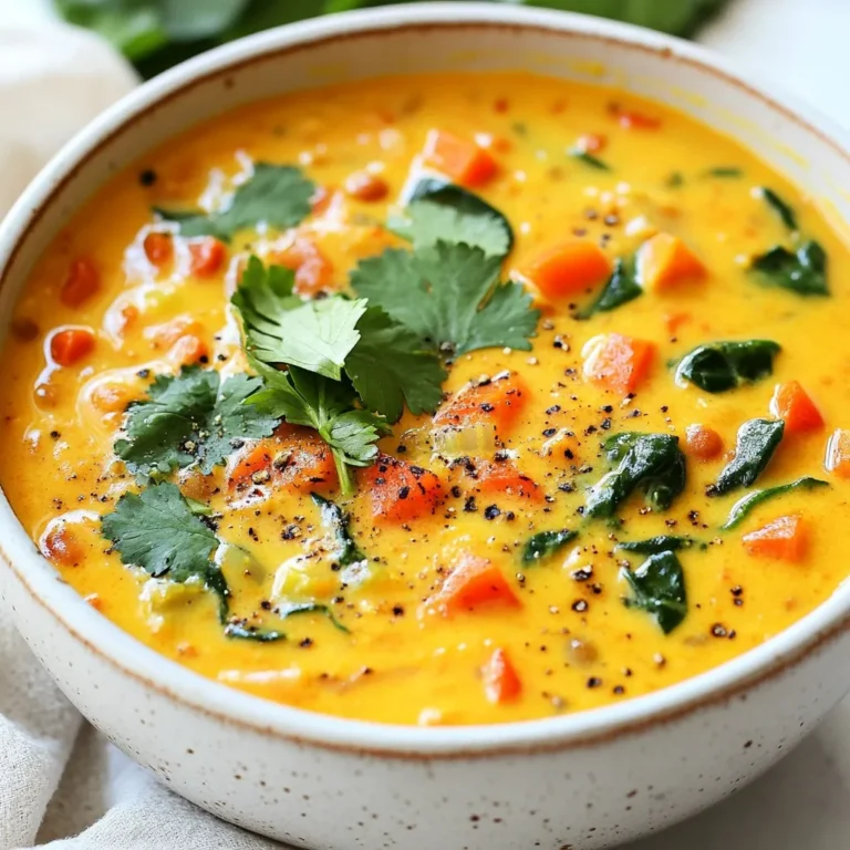 - 1 cup red lentils, rinsed and drained - 1 can (14 oz) coconut milk - 1 medium onion, chopped - 2 cloves garlic, minced - 1-inch piece of ginger, grated - 1 tablespoon red curry paste - 1 tablespoon olive oil - 3 cups vegetable broth - 1 medium carrot, diced - 1 bell pepper (any color), diced - 1 cup spinach leaves - 1 tablespoon lime juice - Salt and pepper to taste - Fresh cilantro for garnish The key to a great Coconut Curry Lentil Soup lies in its ingredients. Each one plays a vital role in the flavor and texture. Red lentils are the star. They cook quickly and become soft, adding body to the soup. Coconut milk provides creaminess and a hint of sweetness. Onion, garlic, and ginger create a fragrant base. They build depth and warmth in the soup. The red curry paste makes the dish vibrant, adding heat and rich flavor. Vegetable broth adds a savory element. Carrots and bell peppers bring crunch and color. Spinach adds freshness and nutrients. Lime juice brightens the taste, balancing the creamy coconut. Lastly, salt and pepper enhance all the flavors. Fresh cilantro on top adds a nice touch and freshness. When you gather these ingredients, you set the stage for a nourishing meal that is easy to make. {{ingredient_image_1}} Sautéing Aromatics Start by heating olive oil in a large pot over medium heat. Once hot, add the chopped onion. Cook for about five minutes until the onion turns soft and clear. Next, stir in the minced garlic and grated ginger. Add the red curry paste, cooking for one to two minutes until the mix smells great. Cooking Vegetables Then, add the diced carrot and bell pepper to the pot. Stir them around for three to four minutes. The veggies should start to soften a bit. This step builds a nice base for your soup. Simmering Lentils Now it’s time to add the vegetable broth. Bring it to a boil. Once boiling, add the rinsed red lentils. Lower the heat to a gentle simmer. Cover the pot and let it cook for about twenty minutes. You want the lentils to be tender, soaking up all those tasty flavors. Adding Coconut Milk and Spinach After twenty minutes, stir in the can of coconut milk and the fresh spinach leaves. Cook for five more minutes, just enough to heat everything through. The soup will get creamy and rich at this stage. Seasoning the Soup Once heated, remove the pot from the stove. Squeeze in a tablespoon of lime juice. Taste the soup, then add salt and pepper as needed. This step will brighten all the flavors. Serving Suggestions Serve the soup hot. Garnish with fresh cilantro for a pop of color and flavor. This soup pairs well with crusty bread or rice, making it a hearty meal. Enjoy! Best Practices for Cooking Lentils Rinse your lentils well. This removes dust and other debris. Use red lentils for this soup. They cook faster and break down nicely. Simmer them until soft but not mushy. This usually takes around 20 minutes. Tips for Adjusting Spice Levels Start with one tablespoon of red curry paste. Taste the soup before adding more. If you like it spicy, add more curry paste slowly. You can also add a pinch of cayenne or chili flakes for extra heat. Enhancing Flavor with Additional Ingredients Consider adding a splash of soy sauce. This adds depth to the flavor. You can also stir in some fresh herbs like basil or mint. These can brighten up the soup and add freshness. Overcooking Vegetables Don’t let your veggies turn mushy. Cook them just until tender. This keeps them vibrant and full of flavor. Add them early in cooking but watch the time. Incorrect Seasoning Taste before you serve. Adjust with salt and pepper as needed. This step can make a big difference. If it tastes flat, try adding a bit more lime juice. Skipping the Garnish Don’t forget the fresh cilantro. It adds color and a burst of flavor. A simple garnish can elevate your dish. Always serve with a sprinkle for that final touch. Pro Tips Use Fresh Ingredients: Whenever possible, opt for fresh vegetables and herbs to enhance the flavor of your soup. Adjust Spice Level: Feel free to modify the amount of red curry paste to suit your taste preferences. Start with less if you're sensitive to spice. Garnish Creatively: Experiment with different garnishes such as sliced red chili, toasted coconut flakes, or a drizzle of extra coconut milk for added flavor and presentation. Make It Ahead: This soup stores well in the refrigerator for up to 3 days, making it a great meal prep option. Just reheat and enjoy! {{image_2}} - Using Different Lentils You can switch red lentils for green or brown lentils. Each type gives a unique taste. Red lentils cook faster and become soft. Green and brown lentils stay firm and add texture. - Dairy-Free Options If you want a dairy-free soup, coconut milk works great. It gives a creamy texture and rich flavor. You can also try almond milk or oat milk for a different twist. - Vegetable Add-Ins Feel free to add more veggies to your soup. You can use zucchini, sweet potatoes, or peas. Just chop them small and cook them with the carrots and bell peppers. - Different Curry Pastes The red curry paste is a classic choice. But you can use green or yellow curry paste for different flavors. Each paste has its own spice level and herbs, so experiment to find your favorite. - Adding Proteins To make the soup heartier, add proteins like chickpeas or tofu. You can mix them in while simmering. This makes the soup more filling and adds extra nutrition. - Adjusting Acidity with Citrus A splash of lime juice brightens the flavors. You can also use lemon juice or even orange juice. This adds a nice zing and balances the curry’s richness. To keep your Coconut Curry Lentil Soup fresh, store it right. Here are some tips: - Refrigeration Guidelines: Let the soup cool first. Place it in an airtight container. In the fridge, it lasts about 3 to 5 days. Always check for any off smells before you eat it. - Freezing Coconut Curry Lentil Soup: For longer storage, freeze the soup. Use freezer-safe containers, leaving space for expansion. It can last up to 3 months in the freezer. When ready to use, thaw it in the fridge overnight. To bring your soup back to life, follow these easy steps: - Best Methods for Reheating: The best way to reheat is on the stove. Pour the soup into a pot and heat over medium heat, stirring often. You can also use the microwave. Heat in a microwave-safe bowl, stirring halfway. - Tips for Maintaining Flavor and Texture: Add a splash of vegetable broth or water while reheating. This helps keep the soup creamy and prevents it from drying out. Always taste and adjust the seasoning after reheating for the best flavor. Can I make this soup ahead of time? Yes, you can make this soup ahead of time. It tastes even better the next day. Just store it in the fridge in a sealed container. When ready to eat, heat it on the stove or in the microwave. Is Coconut Curry Lentil Soup vegan? Yes, this soup is vegan! It has no animal products, making it perfect for those who follow a plant-based diet. The coconut milk adds creaminess without dairy. What can I serve with this soup? You can serve this soup with crusty bread or rice. A side salad pairs well too. For a fun twist, try it with naan! Caloric Content per Serving Each serving has about 250 calories. This makes it a filling yet light meal option. You can enjoy it without guilt! Gluten-Free and Vegan Labels This soup is both gluten-free and vegan. It uses lentils and coconut milk, which are safe for those with gluten allergies. Health Benefits of Key Ingredients - Red lentils provide protein and fiber, helping you stay full. - Coconut milk offers healthy fats that are good for your heart. - Spinach is packed with iron and vitamins, boosting your energy levels. These ingredients work together to make this soup nutritious and tasty! This blog post showed how to make a tasty coconut curry lentil soup. You learned about the key ingredients, step-by-step instructions, and useful tips. Remember to avoid common mistakes and try different variations to make it your own. Storing and reheating are easy, so you can enjoy it later. With this guide, you can create a flavorful meal rich in nutrients. Dive into cooking and savor every spoonful! Enjoy the process and share your soup with others.