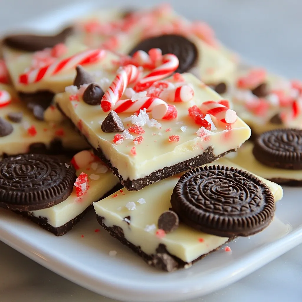 - 1 package (15 Oreos) crushed - 1 package (12 oz) white chocolate chips - 1 teaspoon coconut oil (optional, for smoothness) - 1/2 cup crushed candy canes - 1/4 cup mini chocolate chips (optional for topping) - Pinch of sea salt What can I use instead of white chocolate chips? You can use dark chocolate or milk chocolate chips. These options add a rich taste. Just make sure they melt well. What if I want gluten-free Oreos? Look for gluten-free Oreo brands. They taste great and work perfectly in this recipe. Always check the label to be sure. This recipe stays simple and fun. You can mix and match to fit your needs. Enjoy making your Candy Cane Oreo Bark! {{ingredient_image_1}} To start, you need to line a baking sheet with parchment paper. This step helps the bark not stick. Take your baking sheet and lay a piece of parchment paper on it. Press the paper down so it fits snugly. This creates a smooth surface for the bark. Next, let’s melt the white chocolate chips. For this, use a microwave-safe bowl. Add the white chocolate chips and the teaspoon of coconut oil. The oil helps make the chocolate smooth. Heat it in the microwave for 30 seconds. Then take it out and stir. Repeat this process until the chocolate is fully melted and smooth. Now, it’s time to mix the Oreos and candy canes. In the bowl with the melted chocolate, add the crushed Oreos and half of the crushed candy canes. Stir well until every piece is coated with chocolate. This gives great flavor in every bite. Once mixed, pour the Oreo and white chocolate mixture onto the prepared baking sheet. Use a spatula to spread it out evenly. Aim for about 1/4 inch thick. This helps the bark set evenly. Now, let’s set the bark. Put the baking sheet in the refrigerator for about 1-2 hours. This time allows the bark to harden completely. When the bark is set, take it out of the fridge. Break it into pieces. You can use your hands or a knife for this. Enjoy your festive treat! To melt chocolate smoothly, use a microwave-safe bowl. Add the white chocolate chips and coconut oil. Heat in 30-second bursts. Stir after each interval. This helps avoid burning. Stop when just melted. A few lumps are okay; they will melt with stirring. Crushing candy canes can be tricky. To do it without a mess, place them in a sealed plastic bag. Use a rolling pin or a heavy object to crush them. This keeps the candy contained. You can also use a food processor for even smaller pieces. Just pulse a few times. For a lovely presentation, serve your Candy Cane Oreo Bark on a festive platter. You can cut the bark into squares or break it into fun shapes. It looks great in a holiday-themed tin for gift-giving. Pair this treat with holiday drinks. It goes well with hot cocoa or peppermint tea. You can also serve it with coffee or warm milk. The flavors blend perfectly, making your treats extra special. Pro Tips Use High-Quality Chocolate: Opt for premium white chocolate chips for a richer flavor and smoother texture in your bark. Crush Candy Canes with Care: Place candy canes in a zip-top bag and crush them with a rolling pin for less mess and better control. Experiment with Add-ins: Feel free to add nuts or dried fruits for additional flavors and textures in your bark. Store Properly: Keep the bark in an airtight container at room temperature to maintain its freshness and prevent it from getting sticky. {{image_2}} You can change the flavor of Candy Cane Oreo Bark easily. Try using dark or milk chocolate instead of white chocolate. Dark chocolate gives a rich taste. Milk chocolate adds sweetness. Both work well with Oreos. You can also add flavored extracts. Peppermint extract enhances the minty taste. Almond extract gives a nutty flavor. Just a few drops can change the whole treat. Experiment and find what you like best! Customization makes this bark your own. You can add nuts like almonds or walnuts for crunch. They add texture and a nutty flavor. Dried fruits, such as cranberries or raisins, can add a chewy touch. For toppings, get creative! Use sprinkles or colored sugar for a festive look. You can also drizzle extra chocolate over the top. This makes it fun and pretty. The more colorful, the better! To keep your Candy Cane Oreo Bark fresh, store it in an airtight container. This helps prevent moisture and keeps the bark crisp. I suggest using a metal or plastic container with a tight lid. You can also layer pieces of parchment paper between layers of bark. This method helps avoid sticking and makes it easy to grab a piece anytime. At room temperature, your Candy Cane Oreo Bark will last about one week. If you store it in the fridge, it can last up to two weeks. Always check for signs of spoilage. If the bark has a strange smell or appears discolored, it's best to toss it. Fresh is always best! Can I make Candy Cane Oreo Bark ahead of time? Yes, you can make Candy Cane Oreo Bark a few days in advance. This treat stays fresh for up to a week when stored properly. Just keep it in an airtight container at room temperature. This way, you can enjoy it during the busy holiday season or share it with friends. How do I know when the bark is completely set? You’ll know the bark is set when it feels firm to the touch. It should not stick to your fingers. If you press lightly on the surface, it should hold its shape. Refrigerating for about 1-2 hours will help it set perfectly. Why is my chocolate not melting smoothly? If your chocolate isn’t melting smoothly, it might be too hot or not stirred enough. Make sure to use short bursts in the microwave, stirring in between. Adding a teaspoon of coconut oil can also help. It gives the chocolate a nice, smooth texture. What can I use instead of Oreos in this recipe? You can use any chocolate sandwich cookie as a substitute for Oreos. Gluten-free cookies work well too. Try chocolate wafers or even mint-flavored cookies for a fun twist. Just crush them the same way as Oreos for the best results. You learned how to make Candy Cane Oreo Bark. I shared ingredients, steps, tips, and variations. Whether it’s a sweet treat for the holidays or just a fun snack, this bark can impress anyone. Remember, you can mix and match ingredients to fit your taste. Store it right to enjoy it later, too. Make this recipe your own and delight your friends and family. It's a fun and easy way to celebrate the season! Enjoy creating your delicious bark!