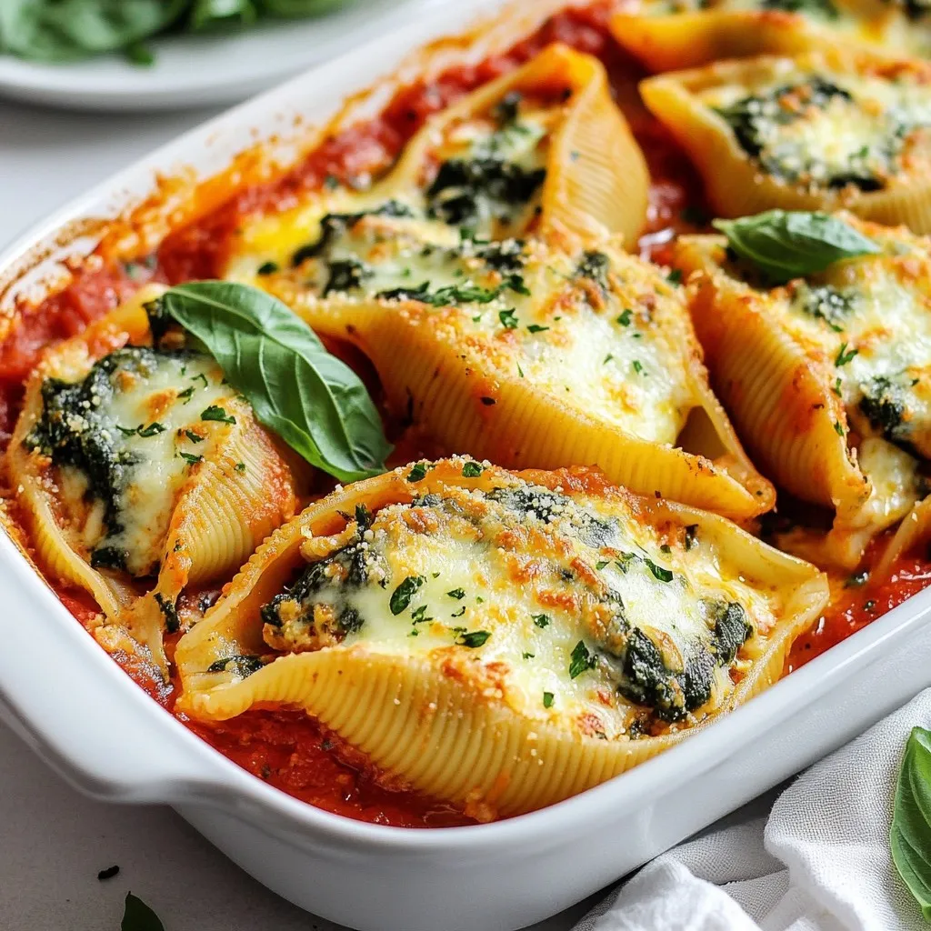 To make delicious spinach ricotta stuffed shells, you need the following ingredients: - 20 jumbo pasta shells - 1 cup ricotta cheese - 2 cups fresh spinach, chopped - 1 cup shredded mozzarella cheese, divided - 1/2 cup grated Parmesan cheese - 1 egg - 1 teaspoon garlic powder - 1 teaspoon onion powder - Salt and pepper to taste - 2 cups marinara sauce You can change the recipe with these optional ingredients: - Fresh herbs like parsley or thyme - Cooked ground meat for extra protein - Different cheeses like feta or goat cheese - A pinch of red pepper flakes for heat Each serving of stuffed shells has around: - Calories: 350 - Protein: 18g - Carbohydrates: 45g - Fat: 12g - Fiber: 3g - Sodium: 600mg This meal is not just tasty but also fills you up. You can enjoy it with a fresh salad or garlic bread for a complete family meal. {{ingredient_image_1}} Start by preheating your oven to 375°F (190°C). This step is key for even baking. Next, boil 20 jumbo pasta shells in salted water. Cook them until they are al dente. This usually takes about 8 to 10 minutes. Drain the shells and set them aside to cool. In a large bowl, mix 1 cup of ricotta cheese with 2 cups of chopped fresh spinach. Add 1/2 cup of shredded mozzarella cheese, 1/2 cup of grated Parmesan cheese, and 1 egg. Season with 1 teaspoon of garlic powder, 1 teaspoon of onion powder, salt, and pepper. Stir everything until well combined. Take each cooled pasta shell and fill it with the ricotta-spinach mixture. You can use a small spoon or a piping bag for this step. Make sure each shell is full but not overflowing. Spread 1 cup of marinara sauce evenly in the bottom of a 9x13 inch baking dish. Place the stuffed shells in a single layer over the sauce. Pour the remaining marinara sauce on top of the shells. Finally, sprinkle the rest of the mozzarella cheese over everything. Cover the dish with aluminum foil. Bake it in the oven for 20 minutes. After that, remove the foil and bake for another 10 to 15 minutes. Look for bubbly and golden cheese on top. Once it's done, let it cool for a few minutes. If you like, garnish with fresh basil leaves before serving. To make the filling great, use fresh ingredients. I like to chop my spinach finely. This helps it mix well. Use a good quality ricotta cheese. It adds a rich taste. Add one egg to bind the mix. This keeps it from falling apart. I also like to add garlic and onion powder. They give the filling a nice flavor. Mix until smooth, but don’t overdo it. You want a creamy texture, not a paste. Cooking shells al dente is key. This means they should be firm, not soft. Follow the package directions closely. I usually set a timer. This helps me avoid overcooking. Once the shells are cooked, drain them well. Let them cool slightly before filling. This prevents burns and makes handling easier. You can cook stuffed shells in different ways. If you want a crispy top, try broiling them. Just watch closely to avoid burning. For a quicker meal, you can use a microwave. Cover the dish to keep moisture in. It cooks fast and saves time. Another option is to cook them in a slow cooker. Just layer the shells and sauce and let them simmer for hours. Pro Tips Use Fresh Spinach: For the best flavor and nutrition, opt for fresh spinach instead of frozen. It adds a vibrant color and taste to your dish. Cheese Variation: Feel free to mix different cheeses, such as adding feta or goat cheese, for a unique twist on the traditional ricotta. Perfect Cooking Time: Keep an eye on the baking time; overcooking can make the pasta shells tough. Aim for a bubbly, golden top without drying them out. Make Ahead: Assemble the stuffed shells ahead of time and refrigerate. Bake them just before serving for a quick and delicious meal. {{image_2}} If you want to keep it vegetarian, you can add more veggies. Try using mushrooms, zucchini, or bell peppers in the filling. You can also mix in artichoke hearts for an extra flavor boost. These changes keep your dish vibrant and healthy. For a gluten-free version, swap out the pasta shells. Use gluten-free jumbo shells or even zucchini slices. You can slice zucchini into thick strips and roll the filling inside. This option makes a tasty dish while sticking to your diet needs. To add protein, use ground meat like beef, turkey, or chicken. Cook the meat fully before mixing it with the filling. This step gives the dish a hearty kick. You can also use cooked sausage for a spicy twist. Just make sure to adjust the seasoning to match the meat flavors. To store leftover spinach ricotta stuffed shells, let them cool first. Place them in an airtight container. You can keep them in the fridge for about three days. Make sure to cover them well to keep moisture in. This helps keep the shells soft and tasty. You can freeze spinach ricotta stuffed shells if you have extras. First, let them cool completely. Then, put them in a freezer-safe container or wrap them tightly in plastic wrap. They can last up to three months in the freezer. For best results, keep the marinara sauce separate. This way, the shells do not get soggy. Reheating stuffed shells is easy. If you stored them in the fridge, preheat your oven to 350°F (175°C). Place the shells in a baking dish. You can add a little marinara sauce on top to keep them moist. Cover the dish with foil to prevent drying out. Bake for about 20 minutes or until hot. If frozen, let them thaw overnight in the fridge before reheating. Yes, you can use store-bought marinara sauce. It saves time and still tastes great. Look for a brand that has no added sugars or preservatives. This ensures a fresh taste that complements your stuffed shells. To prepare ahead, follow all the steps but don’t bake it right away. After stuffing the shells, place them in the dish with sauce. Cover the dish tightly and store it in the fridge. You can bake it the next day. Just add a few extra minutes to the baking time. If you don’t have ricotta, you can use cottage cheese. Blend it until smooth for a similar texture. Cream cheese is another option, but it will change the flavor a bit. You can also try silken tofu for a dairy-free option. Stuffed shells can be stored in the fridge for up to three days. Make sure to keep them in an airtight container. If you want to keep them longer, consider freezing them. Just remember to thaw before baking. This blog post covered the ingredients and steps to make delicious stuffed shells. You learned about key ingredients, cooking methods, and variations to fit your taste. We also discussed storage tips for leftovers and answered common questions. Keep these ideas in mind for your next meal. Experiment with flavors and methods to create your perfect dish. Cooking should be fun and tasty. Happy cooking!